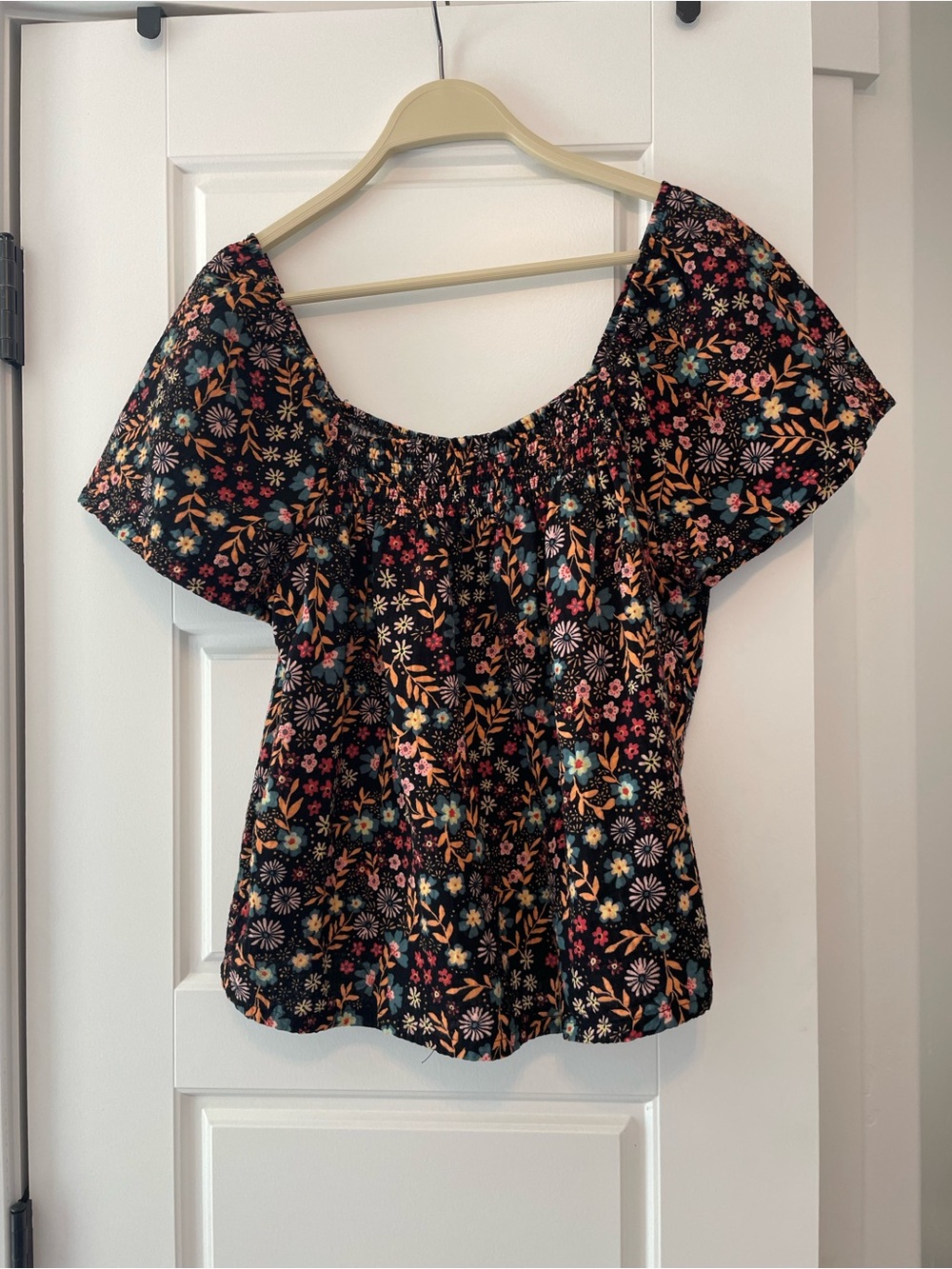 Smocked Floral Blouse in Black